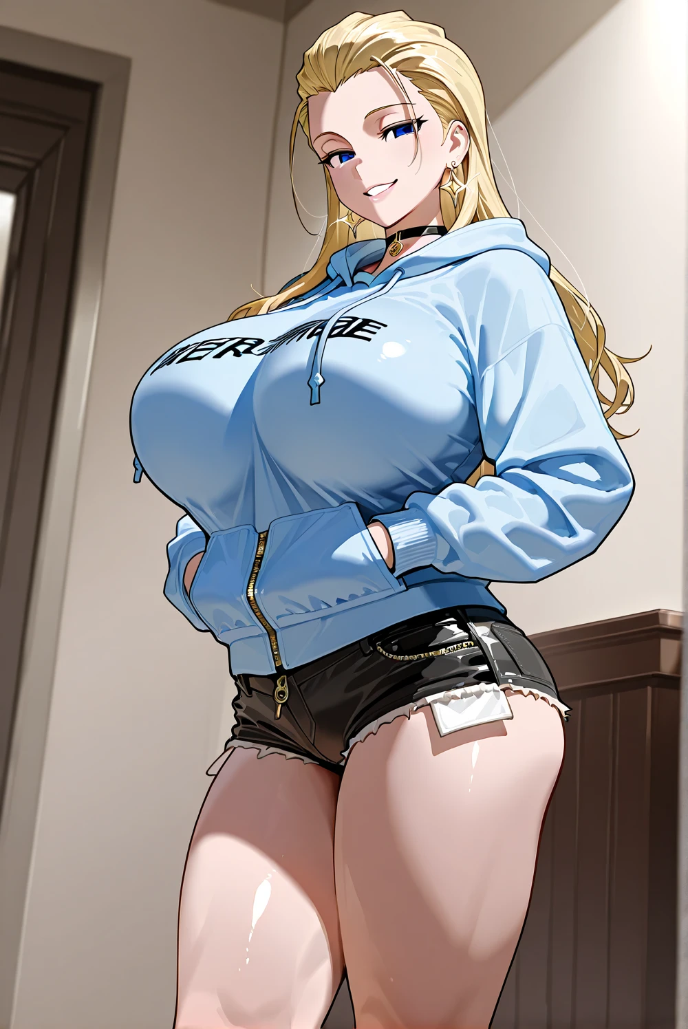 pedestrian walkway， 城市， blue-sky， from below， huge tit，underbust， woman， cropped-fc，，， BTPT-FC， dark blue lace underwear， gnome， 1girll， 详细的脸， illustratio