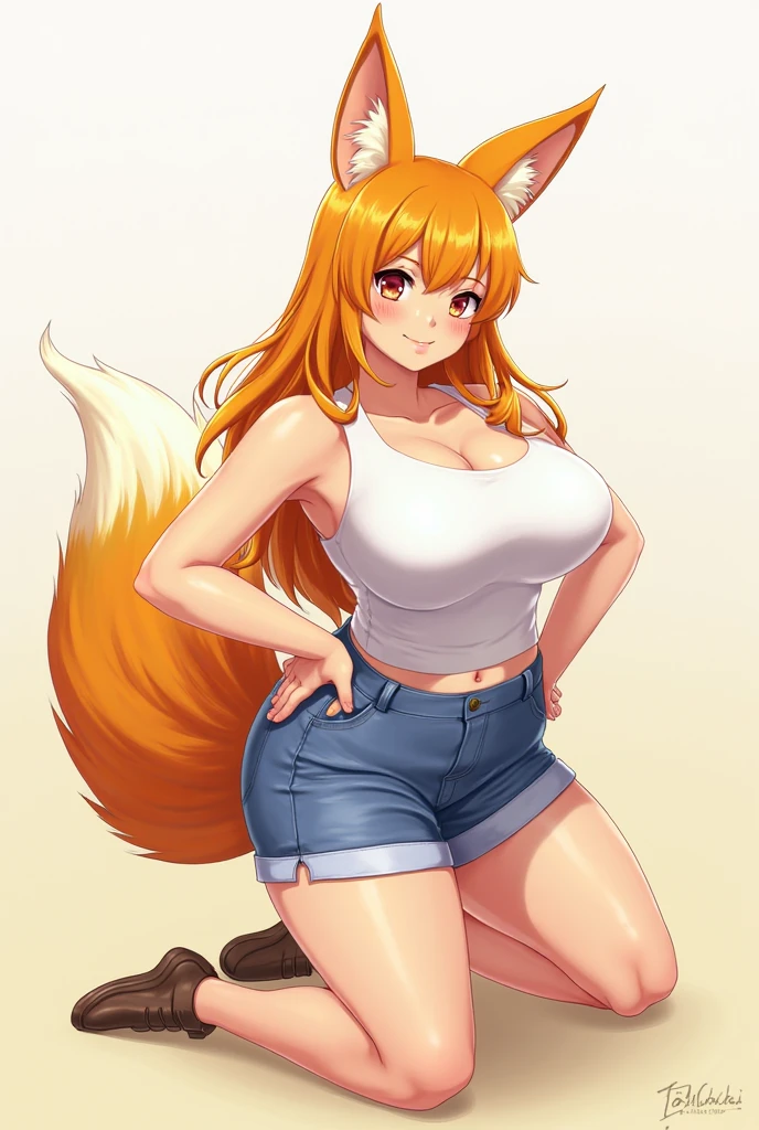 a one woman, Victoria, russet hair, Super long hair, blue colored eyes, big-ass., braid, wide shot, uhd, high quality, high details, best quality, highres, 8k, fox ears, animal tail