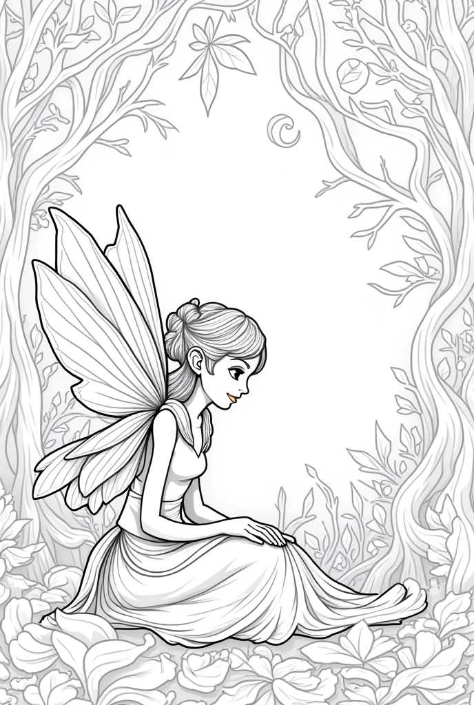 A magical fairy under a tree of blooming flower, clean line art, white background, colouring page, clean outline