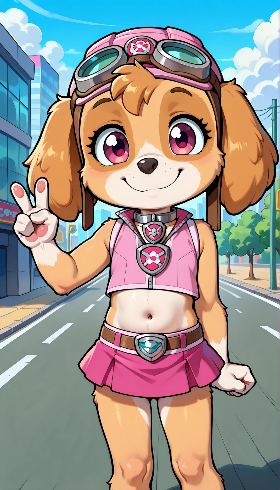 score_9, score_8_up, score_8, 1girl, source_cartoon, source_furry, skyepp, dog, furry, toddler, skye, paw patrol, cute face, 4 fingers, v, standing, ((goggles, pink pilot hat, Skye collar, pink top, midriff, pink mini skirt)), street on background, confident face, skinny, thin body,