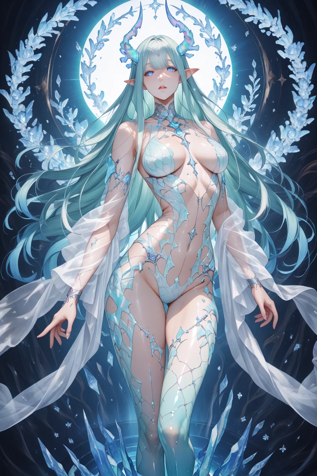 Neridia, a mermaid transformed into a 55 meter giant, emerges from the waters at sunset, her iridescent blue skin glowing in the light of the setting sun. Her long silver hair falls wet over her shoulders and back.. Naked and splendid, standing on a lonely beach, her posture is graceful and tempting, with one leg forward and one hand playing with his wet hair, while the other caresses her hip. His eyes, full of mystery and desire, They look at the tiny humans at their feet, fascinated by its aquatic beauty. Her full lips curve into a suggestive smile and her perfectly sculpted body exudes an aura of marine eroticism., enveloping everyone present in a spell of submission and uncontrollable desire.