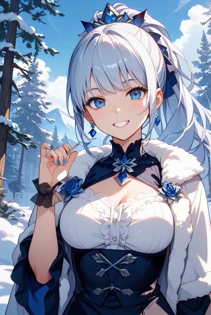 Une femme, 25 ans, cheveux longs, cheveux bleus, blue hairs, blue eyes, yeux bleus, beaucoup de Détails, dans la montagne, snowy mountain, glacier, tempête de neige,  game of throne, marcheur blanc, sexy