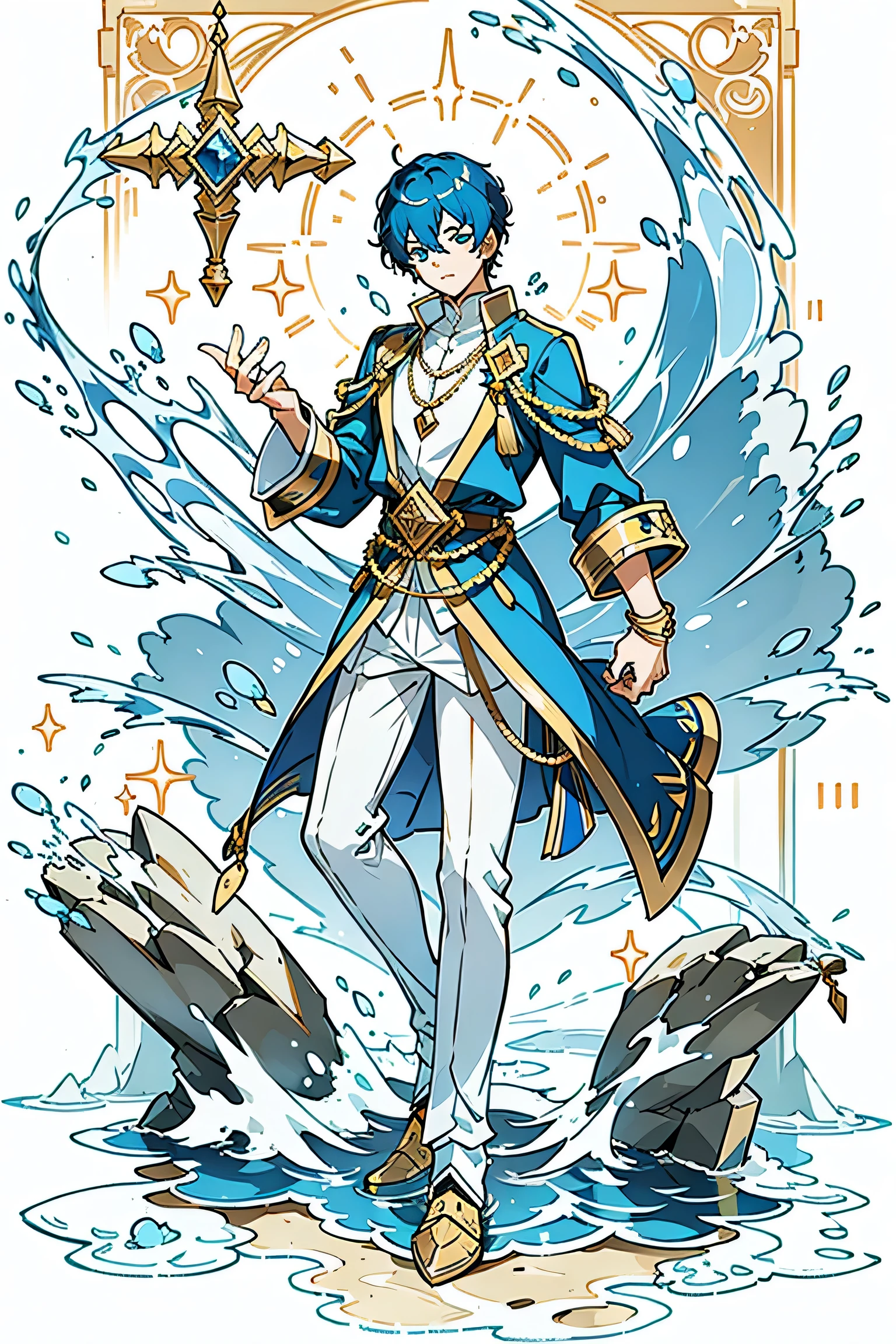Male, Blue Short Hair ,Gold Jewelry,Control of water ,Water surrounds,sky background,Full body