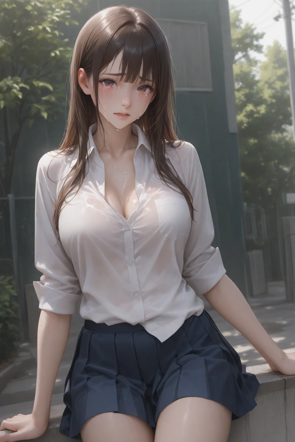 (Work of art, best quality), perfect slim fit body, thick thighs, beautiful breasts, braided hair, no clothes, all naked, naked, necklace, bracelets, backpack, big beautiful eyes, parted lips, blushing, walking pose, complex, natural lighting