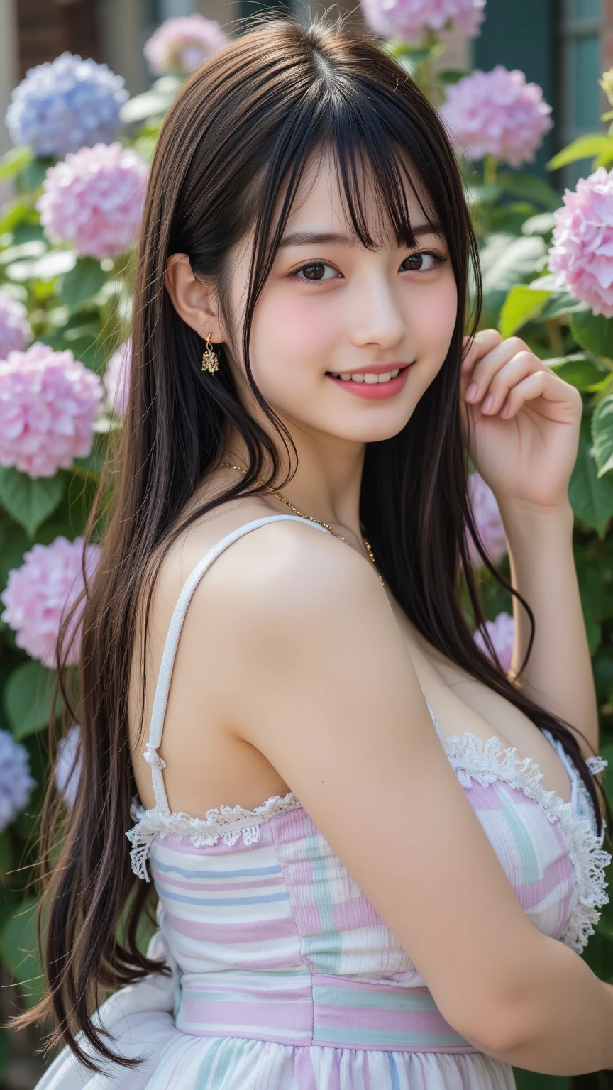 Photo-realistic quality、A Japanese woman in a pale blue sheer dress kneeling in a flower field, Beautiful Japanese girl face, Black Hair, Holding a cosmos flower in her hand、Young Japanese girl idol, In the grassland, Portrait of a Japan teenager,looking at the camera、Detailed and beautiful eyes、Cute smile、A soft and gentle look、A dress with thin straps and a large open chest、Cleavage、Small flower in hair、Shooting with a single-lens camera、300mmF2.Uses 8 lenses