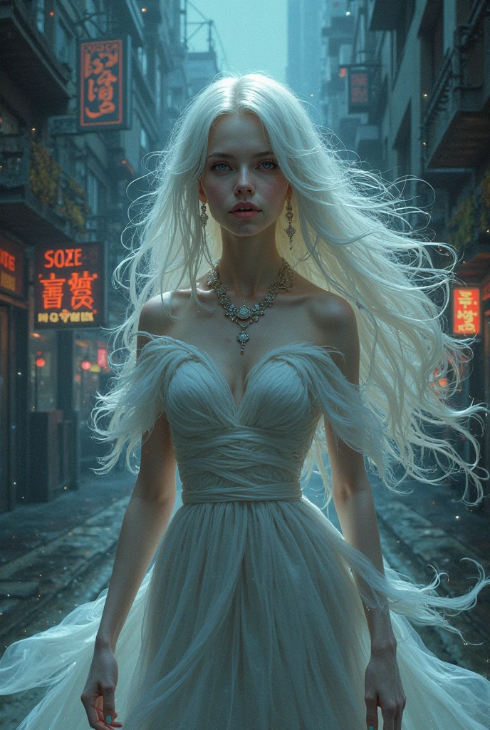 Very realistic and detailed 8k image of a ghost of a blonde woman in a white dress, on the side of an empty night road full of fog