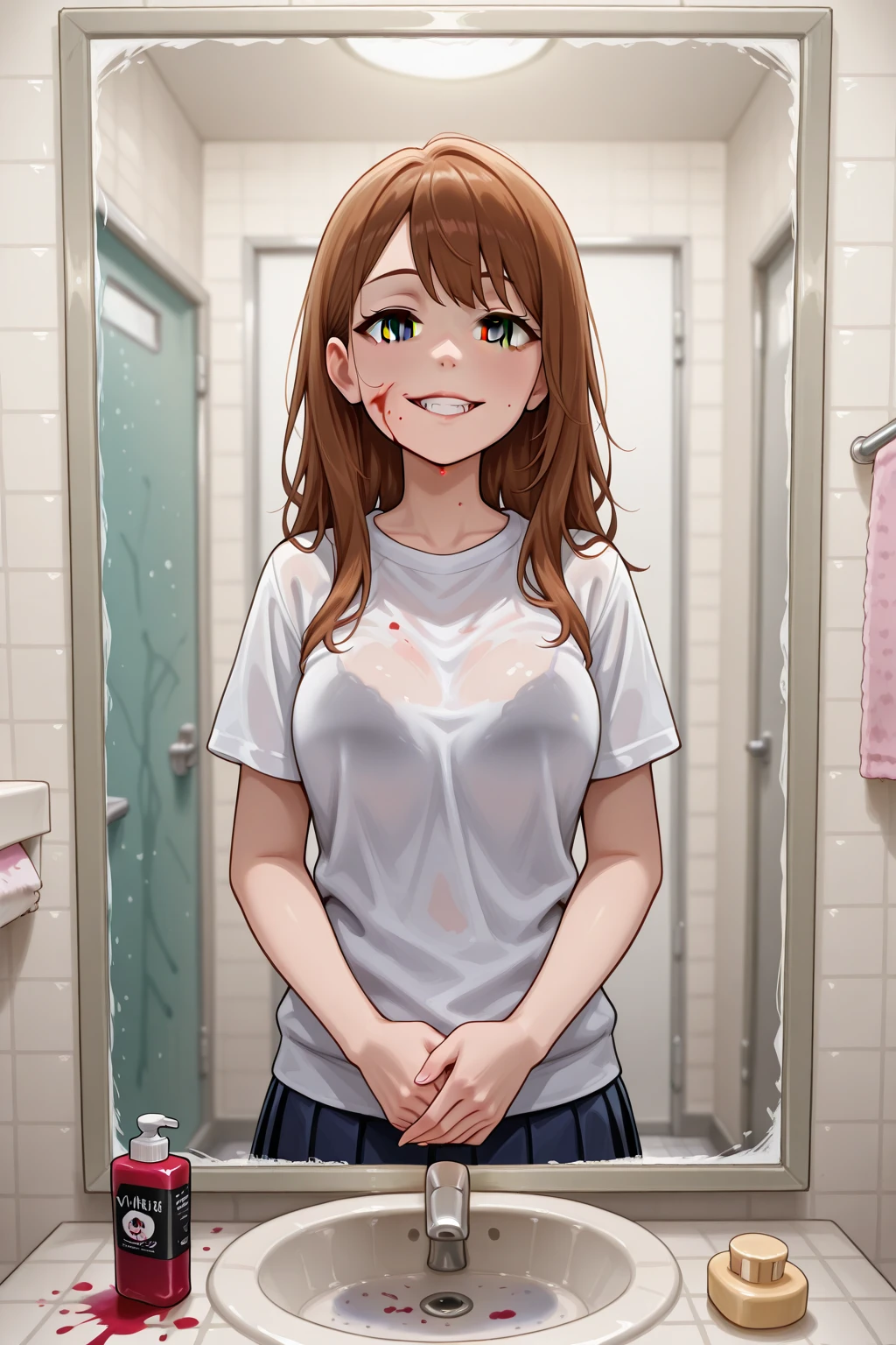 ((masutepiece, Best Quality, hight resolution, nffsw, Perfect Pixel, depth of fields, 4K, )), 1girl in, Solo, , Beautiful anime girl, Beautiful Art Style, 
standing:1.3, bathroom background, Looking at wevier. 
Perfect body, grin smile, lift tshirt:1.3, show nipples:1.3, taking off the shirt:1.4,

Yuigahama Yui, Hair bun, short hair, large breasts, claverage:1.2,

Full face blush, short pants, 
straight-on:1.3, medium shot