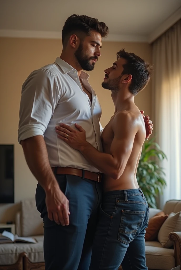 Two men, White and dark white plaid shirt, Short hair, Black hair, Short black hair, Big lips, Thick eyebrows, Thin body, drooping eyes, Blushing, Sexual arousal, , , Yaoi, Men, SEX , Sex for two, Covered, penetration, , , Assaulted by a man in a blue plaid shirt, Ass, Toned, Slender legs、adhesion、darkened room,perfect sex, flawless sex
