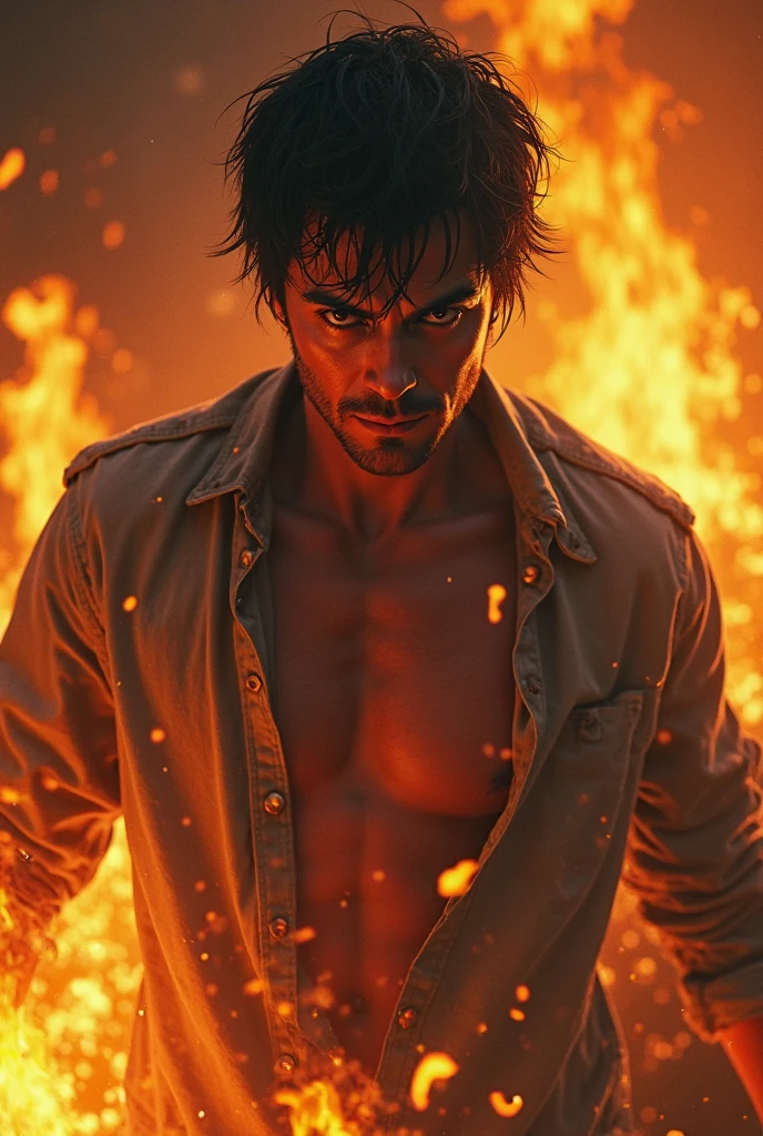 arafed man with a firefighter's helmet and a jacket, mid-shot of a hunky, shirtless, fiery, the super hot and sexy, fire behind him, of a shirtless, firefighter, the extremely hot and sexy, fire lit, fireman, looking hot, intense smoldering, attractive and good looking, 3, attractive man, sexy masculine, 8k realistic, ultra-detailed photo, bulgeJ8,