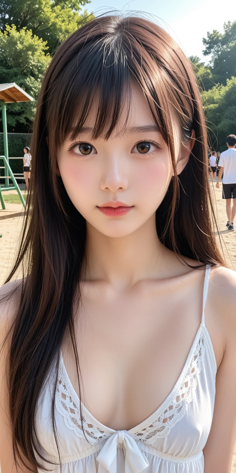 (1 nogizaka girl,raw photo,photo realistic:1.5),(best quality, high quality,HDR, highest quality,ultra high resolution,high resolution,high res,ultra high difinition,huge file size,8K,2K wallpaper,8K wallpaper,high quality texture,amazing,an extremely delicate:1.4),one girl, Japanese famous idol,beautiful face,small face,absurd,ridiculous,incredibly ridiculous,portrait,breasts close up,blurry background,(track and field uniform,cleavage,no makeup:1.2),medium skin,beautiful skin,detailed skin,small head,black hair,silky hair,(Japanese eyes:1.3),detailed eyes,black eyes,Japanese idol eyes,perfectly propotioned face,Japanese nose,5-fingers,(Light Particles, Lens Flare, Luminous Particles: 0.7),looking at viewer,bright lighting,professional lighting,girl