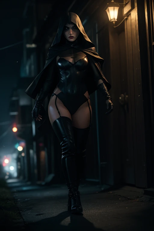 Full body view, (masterpiece, best quality), (dramatic), gritty, intense, anime character, dynamic fighting pose, 1girl only, black hair, (Hairstyle: tied), (60% Wearing futuristic armor), Armored gauntlets, with 30% miniskirt, Thigh high boots with high heel, fringe covers the left eye, a closed fist, Beautiful and symmetrical face, Beautiful bright blue eyes, vibrant colors, Night, highest quality digital art, Unparalleled masterpiece, dynamic lighting, epic, Cowboy shot, (intricate details), Canon EOS R50 camera with Canon R50 RF-S 50mm IS STM lens