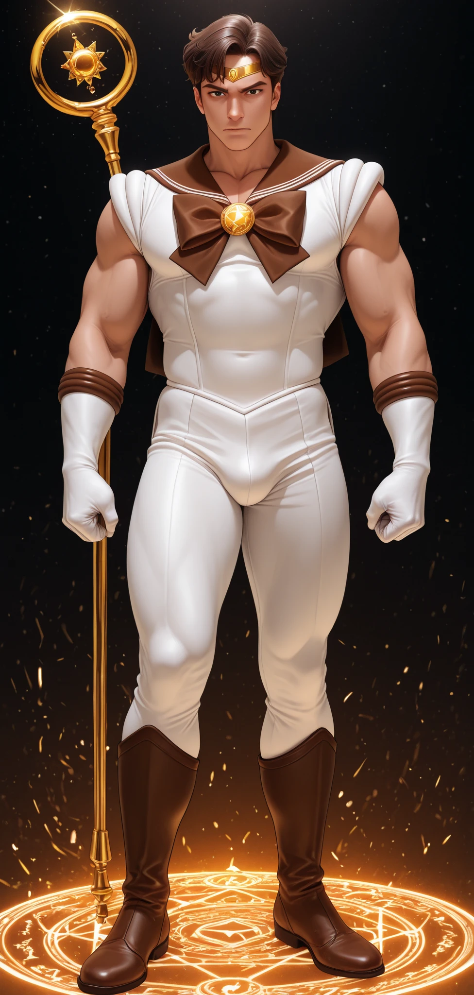 cinematic photo cinematic photo a very muscular old man in a white bodysuit, full body, moustache, big scar on the head, detailed skin, golden gauntlet right hand, clenched fists, left eye is white . 35mm photograph, film, bokeh, professional, 4k, highly detailed . 35mm photograph, film, bokeh, professional, 4k, highly detailed