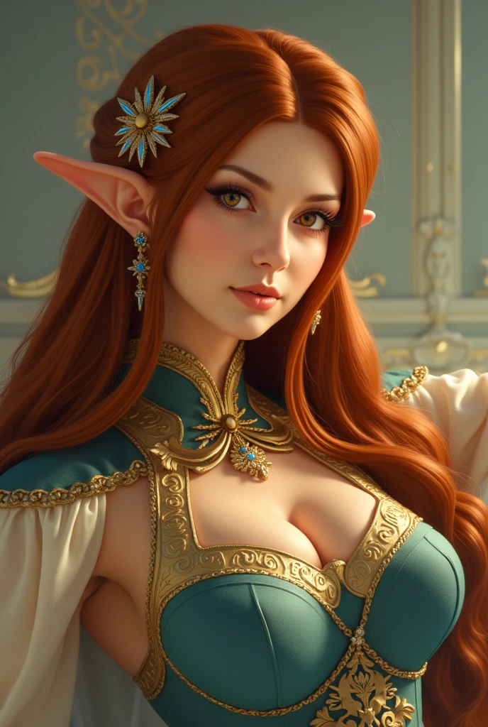 (Masterpiece - Ultra-Detailed, High Resolution) Prepare to be enchanted by a true masterpiece that combines ultra-detailed art with high-resolution rendering. This work shows a mesmerizing and sexy young elf with very large breasts and red hair. Green eyes, transparent white dress, laying in the bed, looking back. Get ready to dive into a world where beauty and craftsmanship merge perfectly.