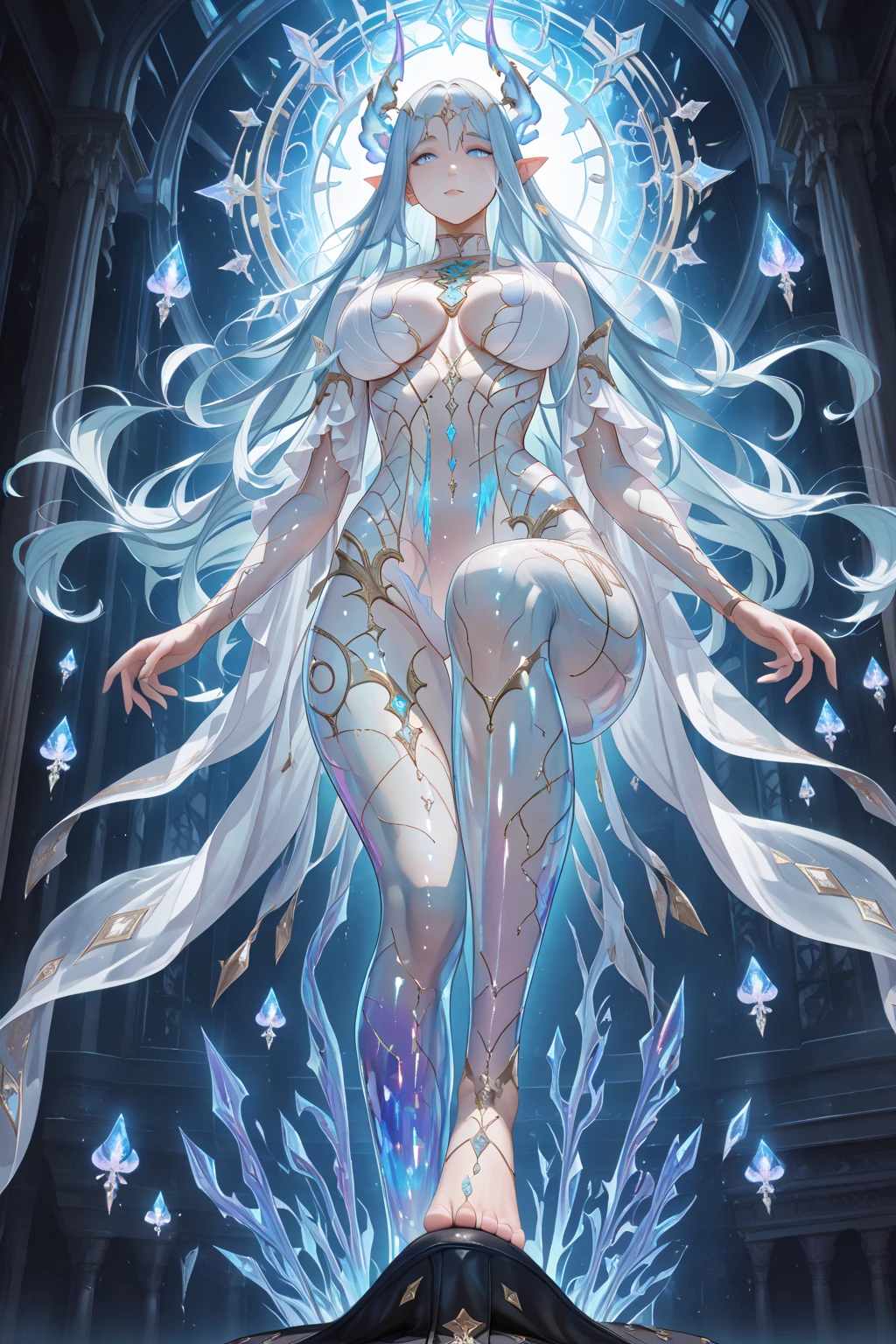 hydaelyn_tpa, 1girl, veil, white bodysuit, white wings, cape, lipstick, crown, smile, , highly detailed, absurdres, masterpiece,alone, walking, long dress, full body, big breast