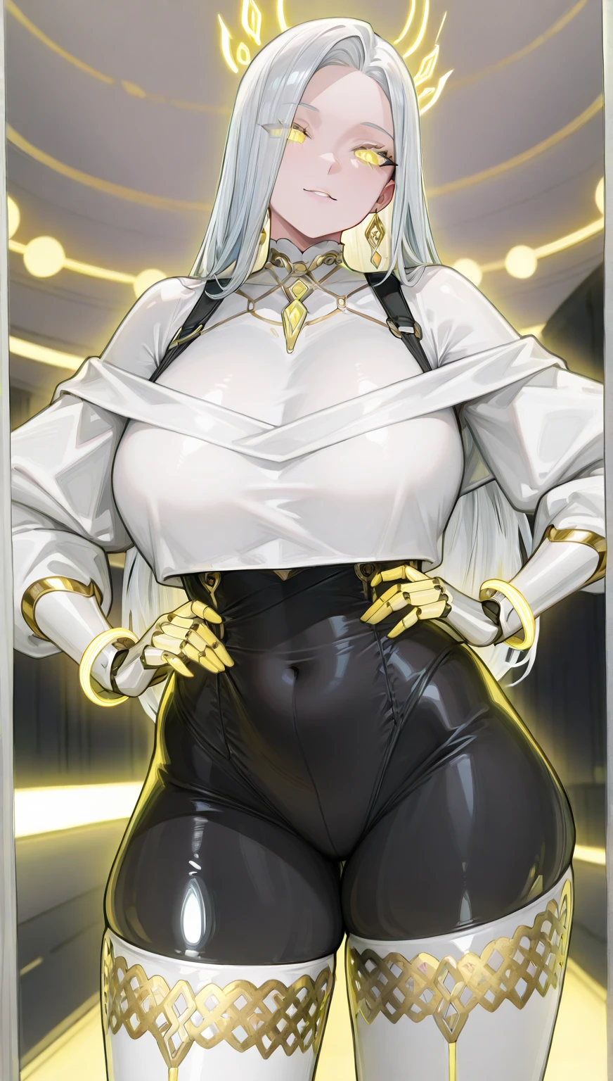 ((extreme detail)),(ultra-detailed), extremely detailed CG unity 8k wallpaper, best quality, nami_one_peace, bodysuit, posing, cowboy shot, lens flare. Girl with thick fat chunky physique. Her height is around 5 feet 2 inches (157 cm), with a huge mommy body. Her skin tone is fair and smooth, giving her an older appearance. In terms of facial features, Hinata has a soft and gentle countenance. She has a slim nose, and her lips are naturally pink and slightly full. Her eyebrows are well-shaped and neatly arched, framing her eyes beautifully. Her boobs are huge and well-shaped. they are massive and u can see a nipple outline Overall, her appearance is characterized by her serene and kind expression, representing her gentle nature. She has orange hair and green eyes. A sexy girl with huge boobs and a thick body is wearing a body-tight suit where you can see all of her curves and nipple outline. She is thick busty fat and has huge boobs her suit is very very tight and covers her whole body you can see all of her curves and body. Full body suit is very tight you can see her full body.