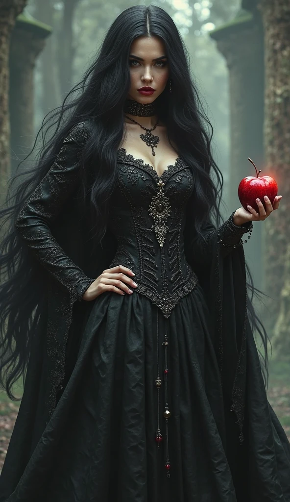 Girl,Black long hair，Black Queen，accessories，Apple in hand，Poison apples，Witch Queen，Red lipstick naked 