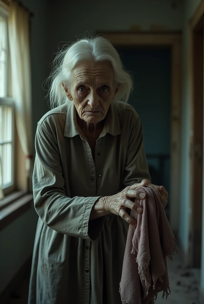 The house has a dark background, the old mother in a white dress with a sad expression on her face is seen alone in the gloomy house, while the door is slammed shut by his child in a red shirt, wide side, full body, realistic, 4k