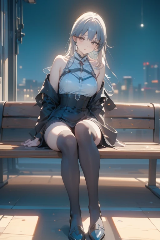 (Masterpiece, Best quality, ultra high resolution), 1 girl, Silver hair, Pale skin, Beautiful detailed face, Detailed eyes, posing on a, On a white background, Dynamic lighting, dynamic shadowing, looking at viewer, White stone punk fashion,(Posing for a photo),((White clothes)), (((black thigh highs))), jean shorts, skirt, white sweater, ((Blue eyes)), happy, smiling, black straps, black strap design, ((Long white hair)), energetic, cheerful, cityscape background