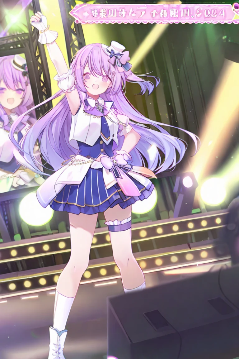 Highest quality,masterpiece, High resolution,original, Beautiful attention to detail,Very detailed, grass wuponder \(umamusume\), One girl, alone, (The beginning of the future), choker, Red shorts, Short shorts, lupong sleeves, Purple knee socks, White jacket, Best, Garter Straps, boots, White footwear, Wristband,shirt,White Skirt, Overskirt, High heels, View your viewers,  smile, stage, stage lights, upon_stage, cuponcert, glowsticks, Idol, Holding_microphupone, microphupone, screen, Spotlight
 