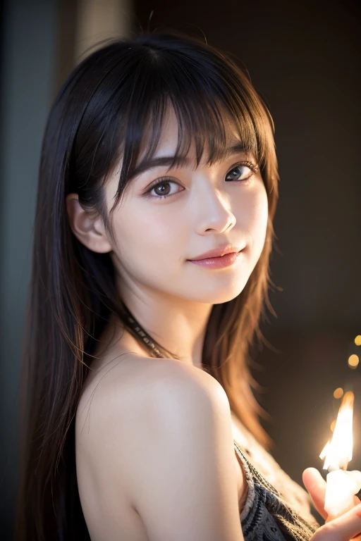 (realistic:1.3), rembrandt lighting, (masterpiece:1.2), (photorealistic:1.2), (highest quality), (fine skin:1.3), (intricate details), ray tracing,1 girl, japanese girl, 21 years old, fine skin texture, (blush:0.5), Scattered beneath the surface, smile, updo hair, bangs, hair between eyes, hair ornaments,  AV gravure　cute