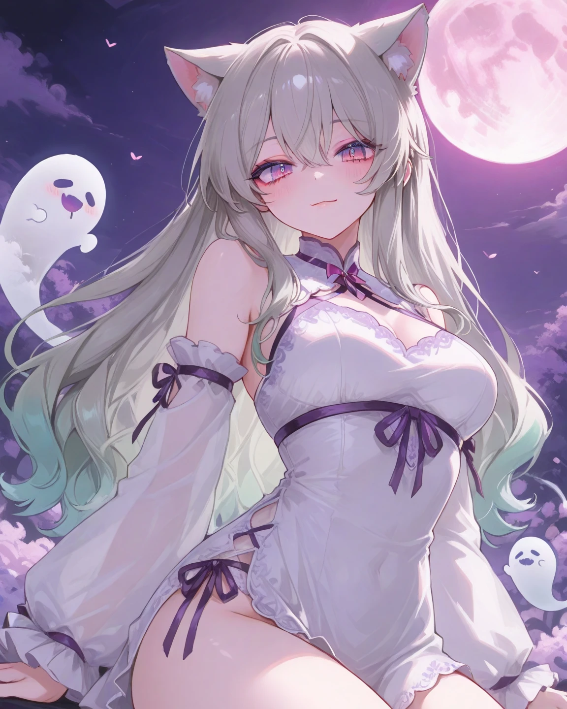 bionde，Double tail，Female ghost，loli，Large Breasts,bulge，Areola，Translucent clothing