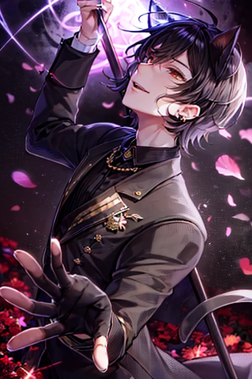 Ultra detailed, Highres, absurdres, HDR, master piece, Sebastian Michaelis, black hair, expressive red eyes, Kuroshitsuji, sexy man holding a microphone, sitting, solo, idol, black idol clothes with trimmings, red petals, glittering, black gloves, red flowers, sensual, fantasy, idol stage, concert, horny, erotic, toned chest, manly man, handsome smile, close up, black cap, Black Butler, black pants