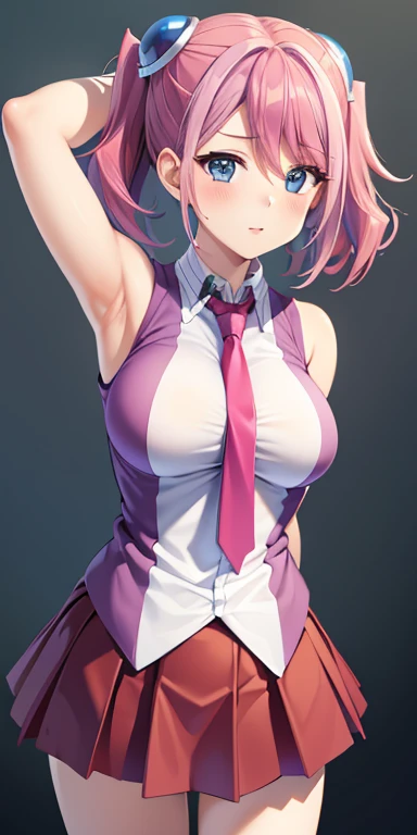 1 Female,High definition,high resolution,Ultra-realistic,8K, hy1, hair ornament, multicolored hair, necktie, skirt, sleeveless, , pink skirt, tight skirt,miniskirt, jewelry,European,sexy,Upper body close-up,Photographed from the front,Dynamic Angles,blush, medium tits, happy, wink the eye,facial, sweat,multicolored hair ,  arms up,arms together 
