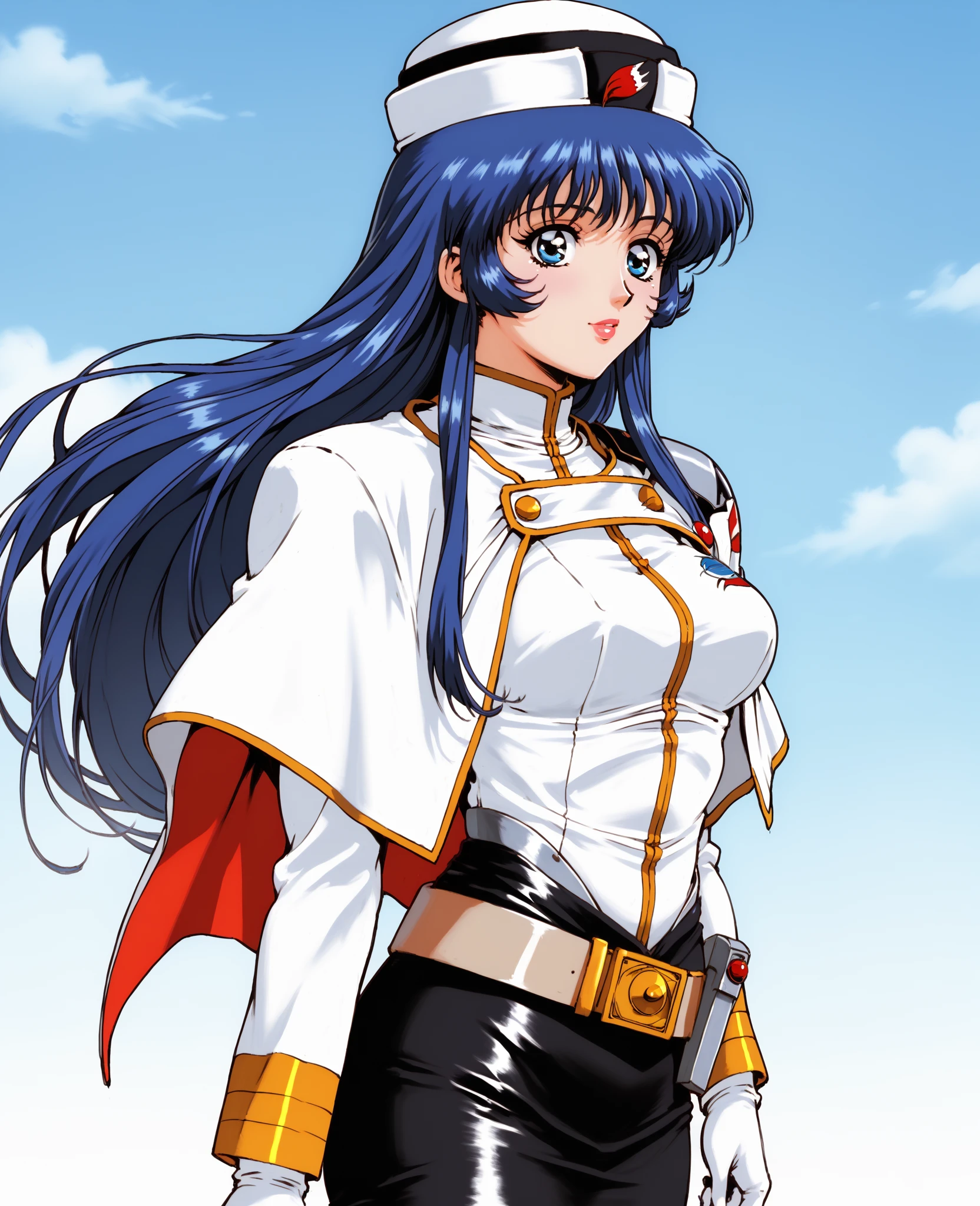 score_9,score_8_up,score_7_up,masterpiece,best quality,very aesthetic,absurdres,official art,official style,
Misumaru Yurika,1girl,solo,retro artstyle,pantyhose,blue hair,long hair,blue eyes,huge breasts,toned hips,cameltoe,vivid lips,sexy girl,1990s \(style\),petals,cape,skirt,uniform,flower,smile,pencil skirt,standing,day,
