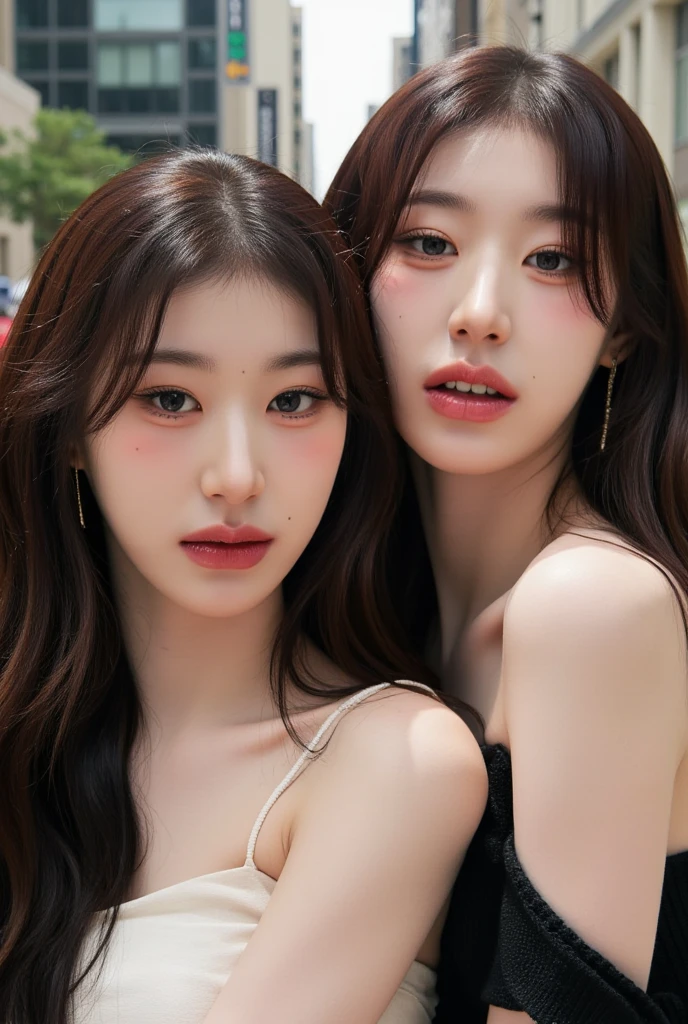Two Asian women posing for a photo in a park., jennie rosa negro, rasgos de la cara coreana, asian features, ulzzang, con el mismo peinado, maquillaje popular de corea del sur, Gongbi, korean symmetrical face, jossi de blackpink, jaeyeon nam, Maquillaje coreano popular, jinyoung shin, kim taejin, con pelo largo y ojos penetrantes, Song Jia