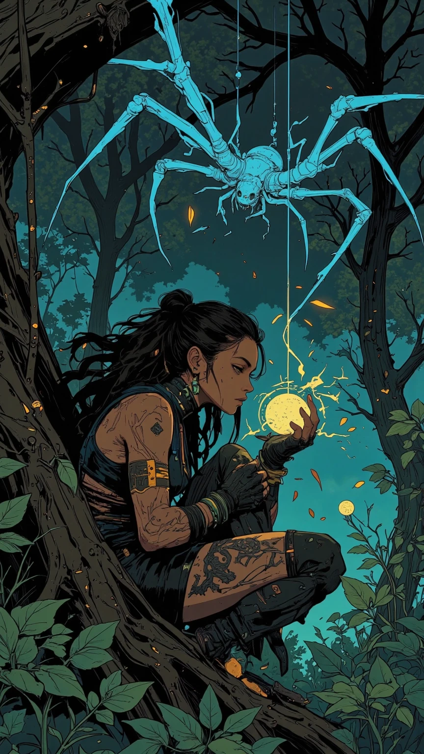 a one woman, Uma personagem, woman with runic tattoos, a shaman in a forest, Luz da noite, work of art, highy detailed, details Intricate, arte por Frank Miller