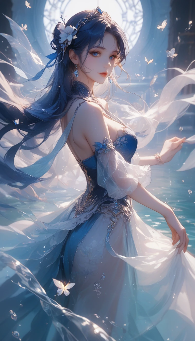 1 girl, fighting_halo, Spiral_visible_halo full of background,Cool and powerful pose,Water capital, A bracelet made of water around the hand,magic circle,aqua_halo,Floating hair,water droplets floating around,Color difference, dark intense shadow,sharp focus,studio lighting,Theatrical perspective,looking at the audience,