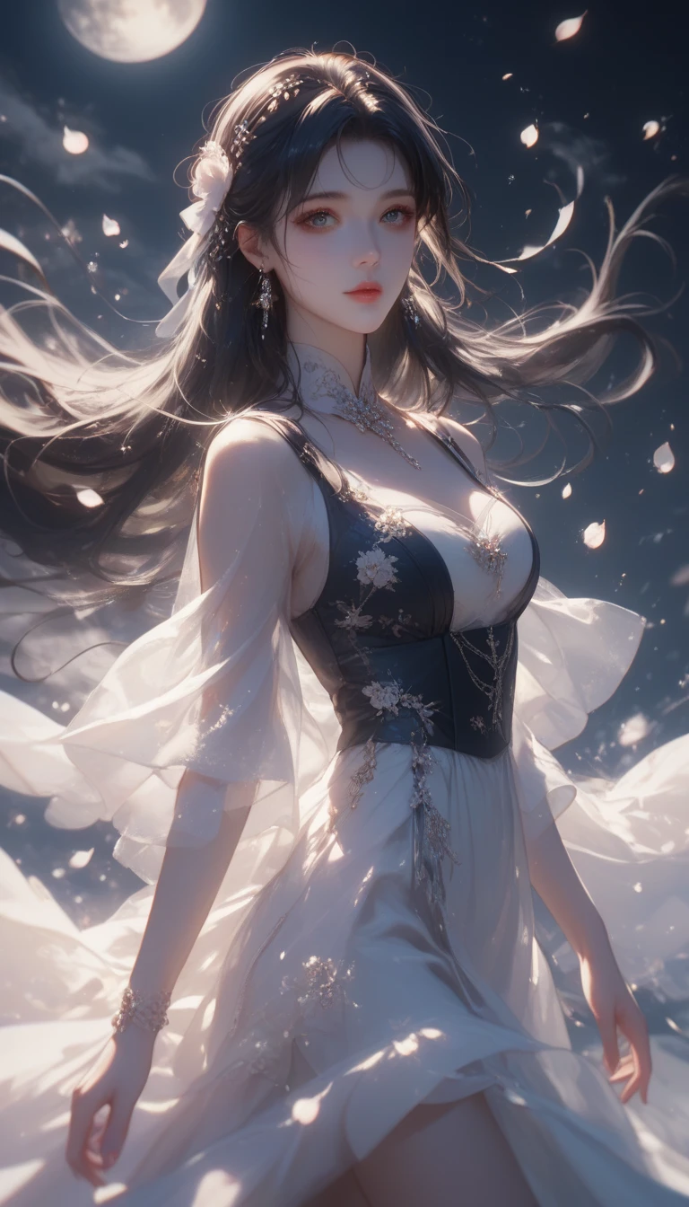 （（top-quality，photorealestic，Realistic 8K， tmasterpiece： 1.3））， Telescopic shot： 1.4，Delicate，  (( perfect bodies）），((Bigchest))，((The background is under the stars))，White swim skirt： 1.1， Highly Detailed Face and Skin Textur，， Whitens the skin， ((cabelos preto e longos：1:1))， Smile back，
