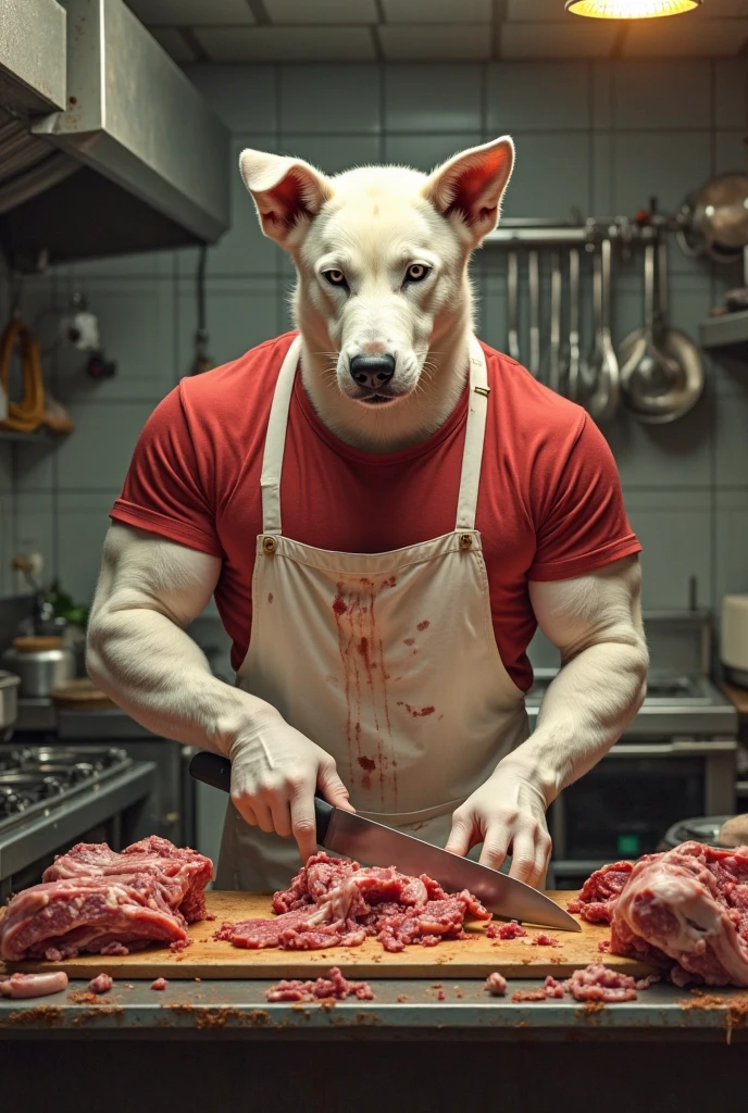 White bull terrier grilling meat 