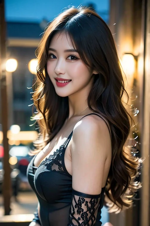 (A very beautiful moonlit night)、A woman with a very cute face like an idol、Smiling Kindly、Cleavage、Cinema lighting、Artistry、Facial and body depictions that are indistinguishable from real life、masterpiece