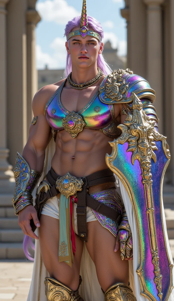 (masterpiece, best quality), man, wearing very skimpy armor and a micro thong, see-through thong, bulge, fantasy landscape, wide angle, athletic body, male, iridescent skin, flat chest, silver eyes, green hair in a fantasy style, determined expression, bioluminescent lighting, small waist, broad chest, abs, slim body, muscular, photorealistic, absurdes, (best quality)), intricate details, solo, detailed face, detailed eyes, detailed hands