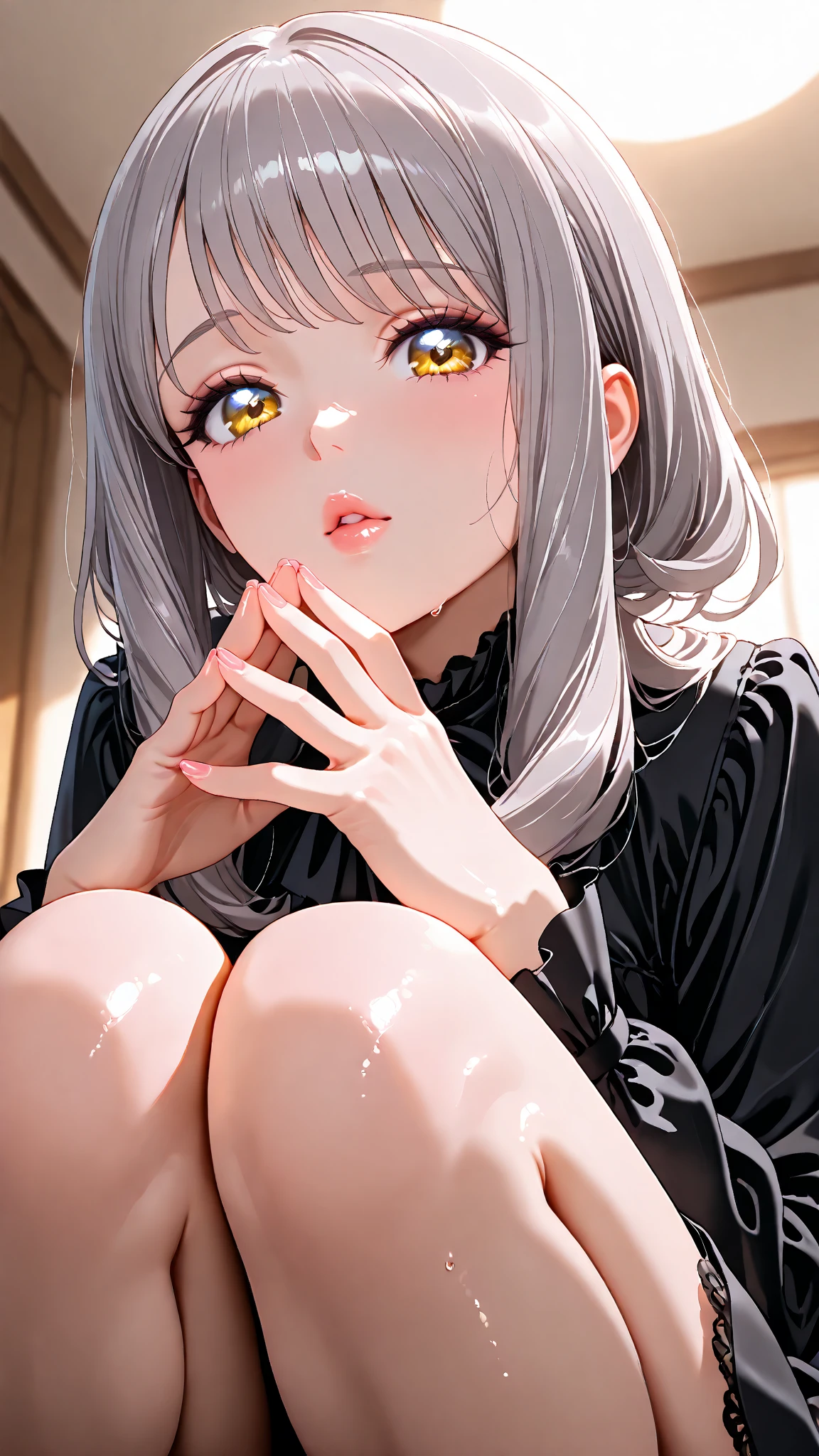 1girl, breasts, penis, hetero, 1boy, paizuri, nipples, uncensored, veins, veiny_penis, heterochromia, large_breasts, oral, fellatio, yellow_eyes, looking_at_viewer, blue_hair, red_eyes, long_hair, symbol-shaped_pupils, hair_ornament, pov, blush, solo_focus, heart, twintails, erection, sweat, bangs, heart-shaped_pupils, large_penis