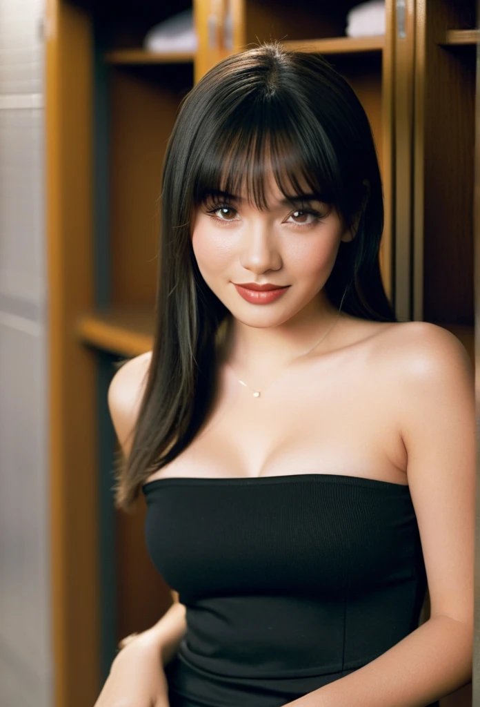 "Create an image of a beautiful American woman in her 20s or 30s. The whole body is shown.She has long, flowing hair and is wearing a camouflage suit. hot-pants.The zipper on her chest is down. Her body is glamorous with large breasts and a big butt. She has a smiling.