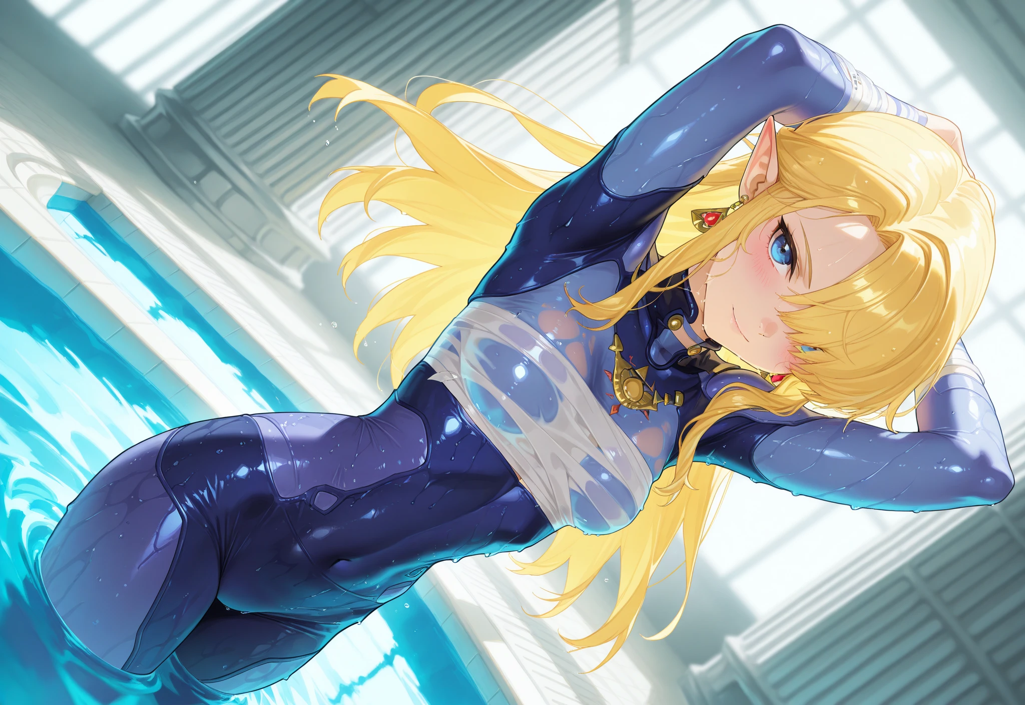masterpiece, best quality, highres, 1girl, solo, superhero, leotard, bare legs, boots, matching boots, aura, blue aura, sleeveless, gloves, bracelets, matching gloves, looking at viewer, light particles, space backdrop, perfect hands, perfect eyes, powering up, perfect leotard, perfect legs, perfect arms, perfect fingers, blue and white leotard, blonde hair, blue eyes, medium breasts, long hair, spinning, tornado spin, whirlwind spin, wind particles, light swirls, tornado, hurricane spin, time travel, tornado winds, cyclone spin, standing,