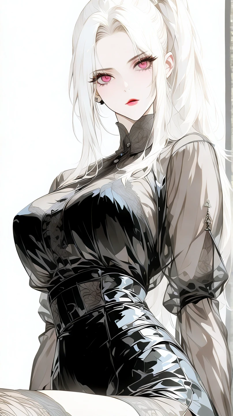 ((monochrome))(Image from chest up:1.4)((masterpiece:1.5,Highest quality,Highly detailed images,Beautiful images、Realistic、Sketch、2.5D、Ink Painting、Portraiture))(1girl, solo)(medium breasts, white hair、bob hair)(Profile Portrait,Straight ahead、Shake your head、A sad expression, floating hair)(Plain background)from side