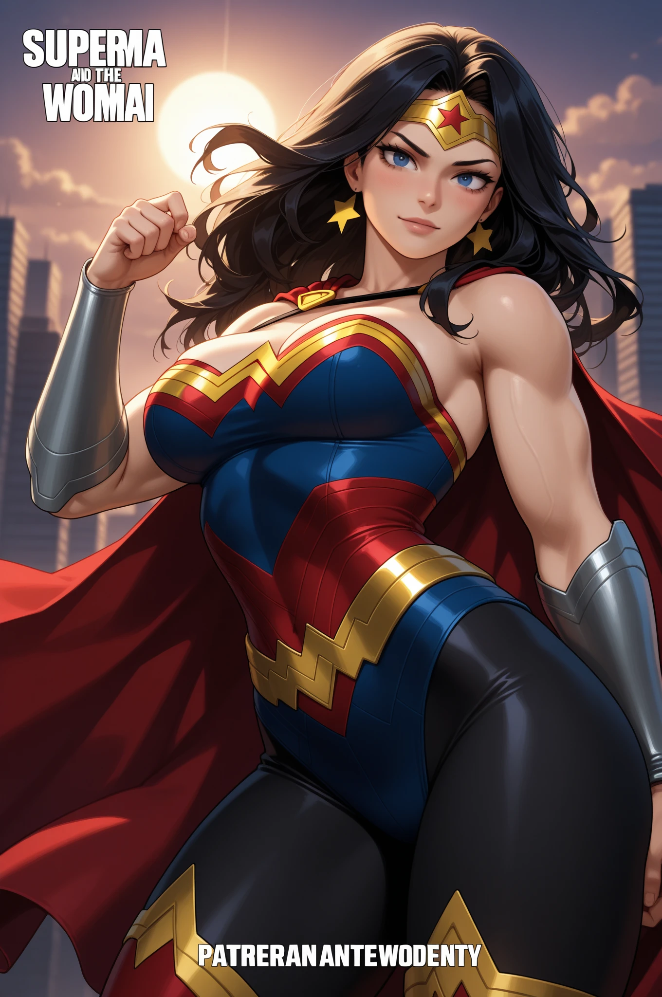 muscular, large breasts, toned body, 1 girl, black hair, pale skin, blue eyes, very long hair kneeling down looking at viewer close up wonderwoman bodysuit