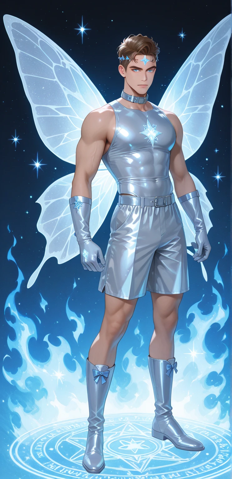 Sailor moon male version , dynamic pose ((muscle man , abs , 20 years old , oil , freckles , short hair , Brown eyes , hair chest , wearing a sailor moon outfit in latex plastic)) in white background (iridescent , lights , stars lights , flashes of light , white butterflys , flowers , glitter) plane 3/4 , Full length portrait , 8k , high definition , perfect detail , photo