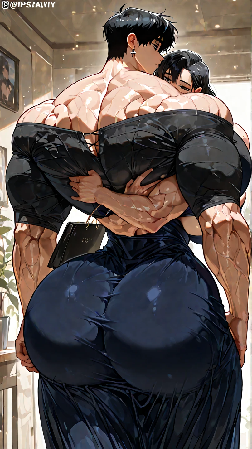 Woman in black bikini and small man in white shirt, weak and small man, thin and small physique, Very beauthful. , ,weak and defenseless man, small physique, , muscular ultraviolent woman, muscular and scary, absurdly huge physique, big muscles, extremely muscular woman, lifting on the pe, raising the leg , leg up, ((leg raised in kick)),