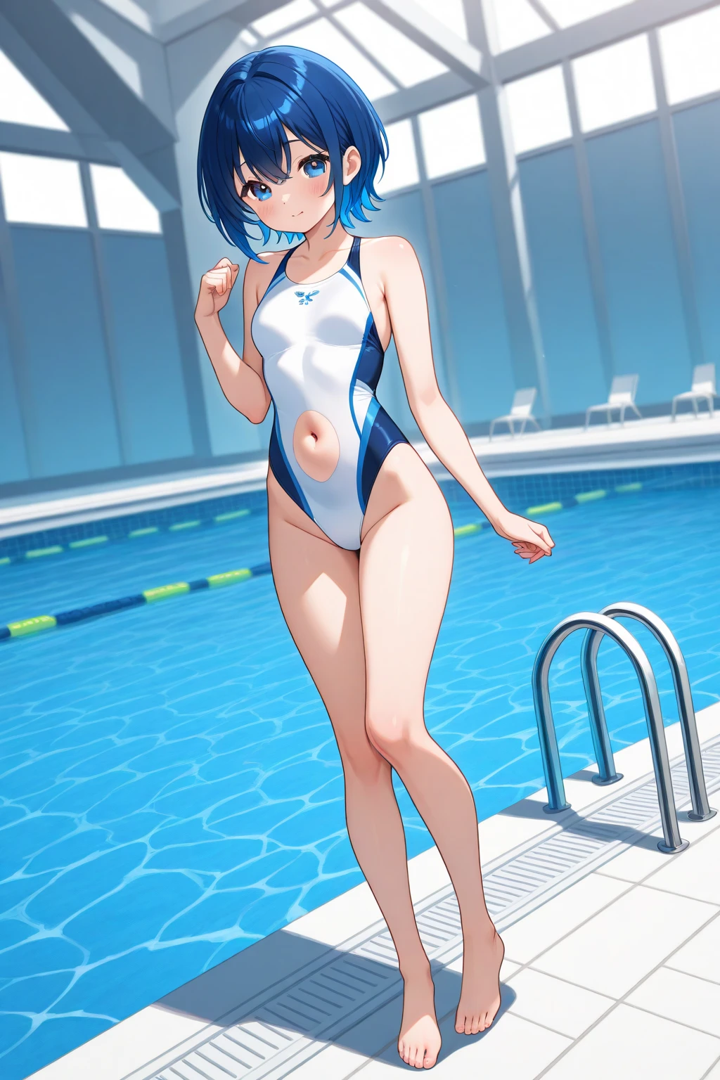 score_9, score_8_up, score_7_up, score_6_up, score_5_up, score_4_up, (source_anime), 1girl, neon genesis evangellion,( rei ayanami, small breasts, big Thighs, puffy nipples), far, full body, Swimming pool ,Revealing the breasts, Swimsuit