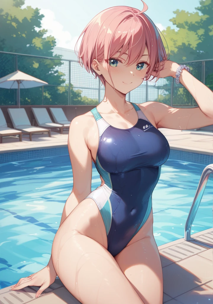 pieces fly、masterpiece、highest quality、Super detailed、High resolution、High resolution、8K portrait、Unity 8k壁紙のHigh resolutionCG、unity 8k wallpaper、cute:1.5、slender body:1.5、Highly detailed CG unity 8k wallpaper、realistic、real person、cute、 portrait photography、shiny skin、High resolution、pink hair short hair、(16 years old:1.2)、(1 girl)、(school poolside:1.6)、perfect face, seriously, (blush:1.5),(midium breasts:0.8),(navy blue school swimsuit:1.5),((Orgasm in the vagina:1.5)),(arms behind back:1.3))