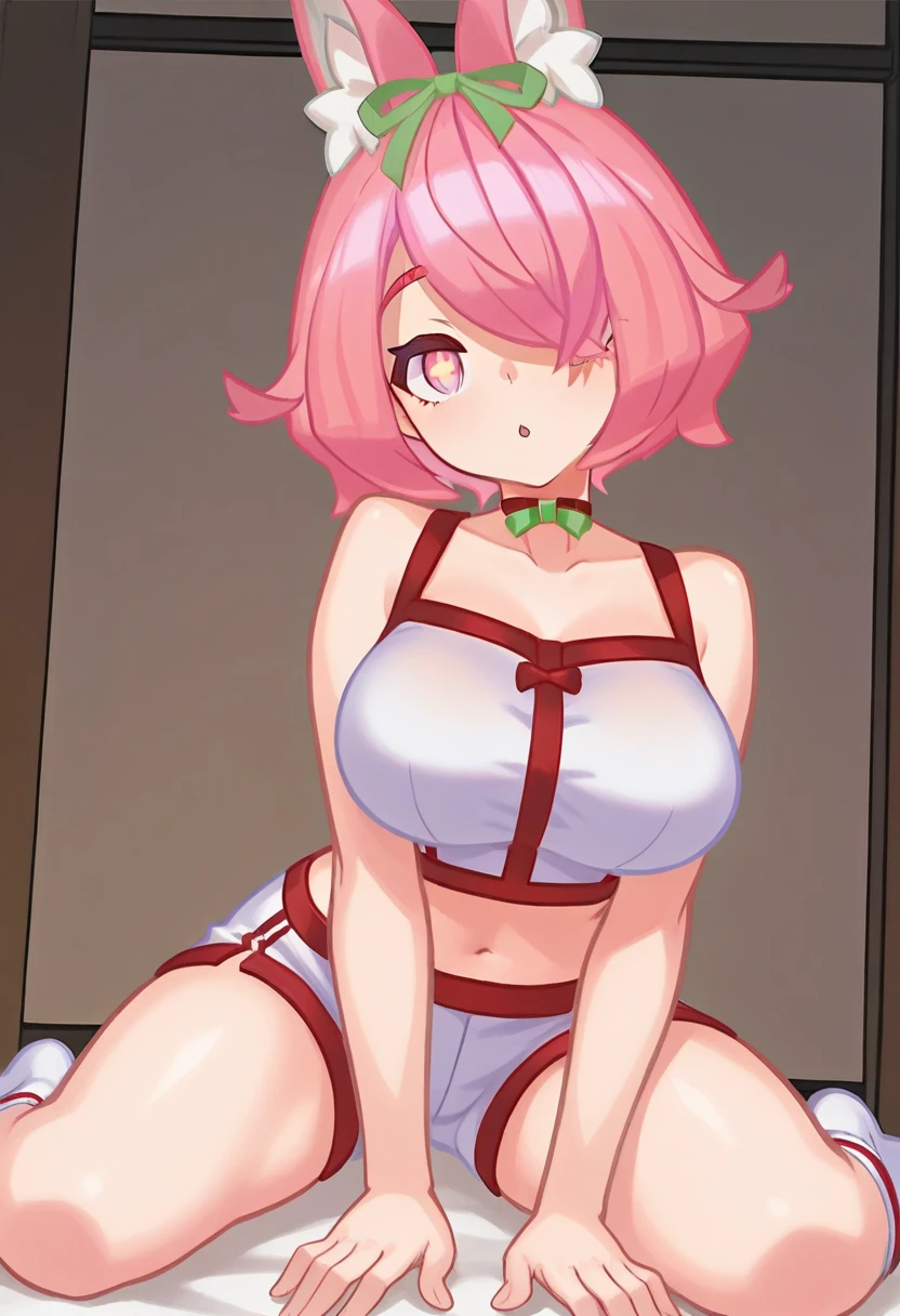 anime_still, masterpiece, best quality, 1girl, Gasai Yuno,(large breasts:1.5), nipples, pink hair, long hair, solo, nude, sitting, tiles, looking at viewer, large breasts, low twintails, smile, v arms, bed room, twintails, wariza, navel, blush, collarbone, pink eyes, red eyes, stone floor, sidelocks, white legwear, seiza, tile wall, very long hair, hair between eyes, socks, shiny, crazy eyes, crazy smile, blood splatter,