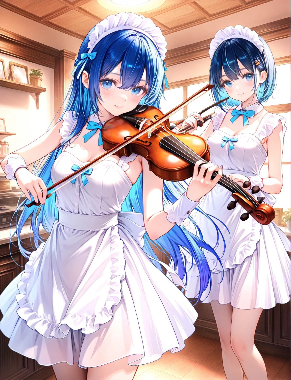 realisticlying，2girl，Blue hair，Purple eye，glowing light eyes，Cut the top，a skirt，parted lip，Be red in the face，the night，fresh flowers，suns，rays of sunshine，violin