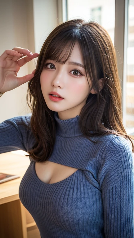 On the table, best quality, illustration, Extremely detailed, Fine details, high resolution, 8k wallpaper, Perfect dynamic composition, Beautiful and delicate eyes, Natural lip shape, Dark blue knitted dress , Large Breasts, cleveage, Cross your legs