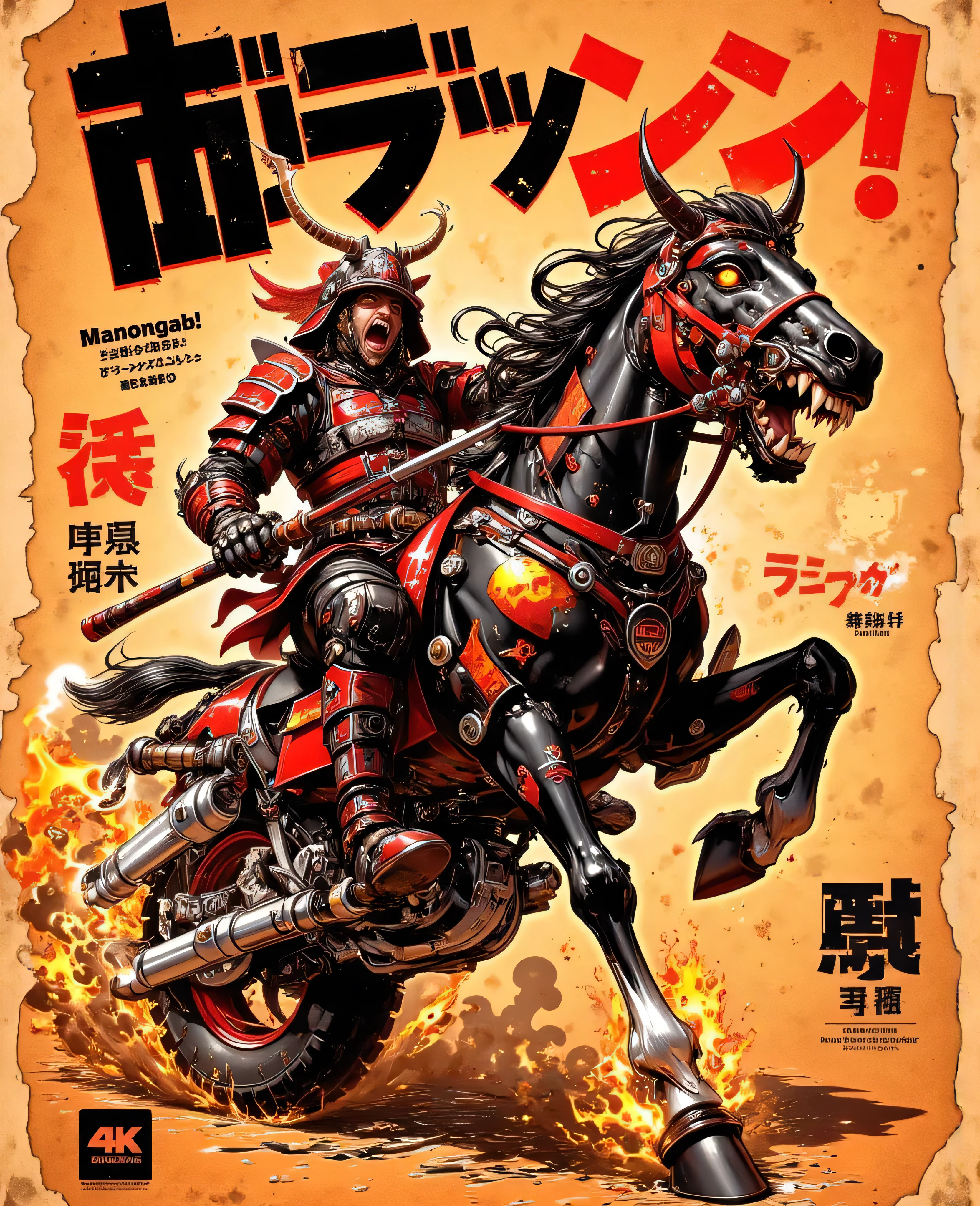 A vibrant and dynamic illustration features a fantastical blend of historical and modern elements. the person in the center is ferocious and, highly stylized samurai, exaggerated in expression with bulging eyes and bared teeth, showing intense action and combat posture. wears traditional armor, equipped with a helmet, and tightly grips the reins of a mechanical horse. horse, is highly stylized, appears animated and vigorous, with its wide eyes and open mouth suggesting motion and energy. part machine, The back leg is a motorcycle tire, part machine, features metallic elements, such as exhaust pipes emitting flames and smoke, signaling speed and power. The background is warm, with a parchment-like texture that enhances graphic novels and cartoon-style artwork. , stylized text is written on the top, and the "Manongab!" 追加のテキストandandもに "キカイhorse" and "is a part organism.com" corner, creates an exterior in line with the comic theme. The image combines a sense of adventure and whimsy with a distinctly modern twist on traditional samurai iconography.剣を持ってhorseに乗る男性の漫画の絵, full color manga cover, Moon Cow Servant, Black Cow Samurai, samurai style, Manga Cover アート, Afro Samurai Manga Style , horseの戦士, inspired by Yasuo Kuniyoshi, cyborg samurai , Japanese Mangaスタイル, inspired by Kano Hogai, Japanese Manga, Cat, Manga Cover , Japanese comic title, real Japanese characters, readable kanji, katakana logo, manga magazine typography,
4K, 8K, ultra high resolution, high-definition, professional illustration, manga style, ...