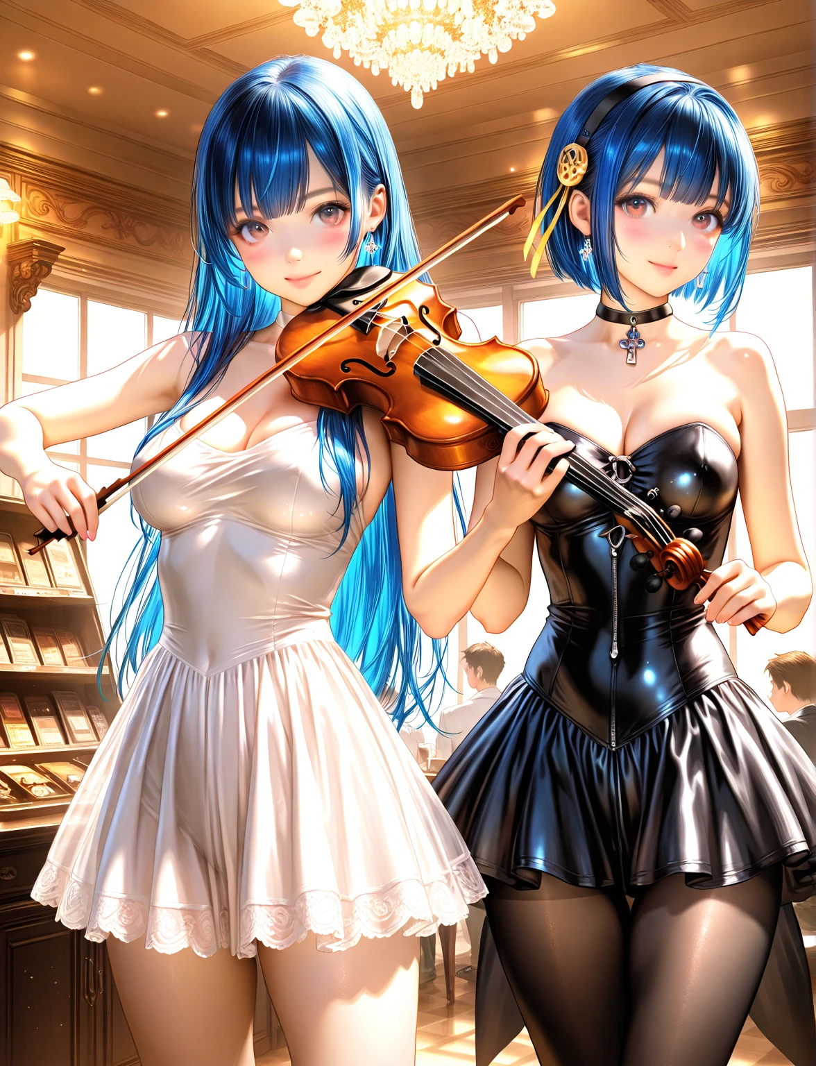 Two Arad women in dresses play violins in front of the window, (fantasy violin), fantasy violin, Anime girl cosplay, elegant glamourous cosplay, seductive anime girls, violin, in the style artgerm, glamourous cosplay, in the style of artgerm, cosplay, Anime cosplay, beautiful and seductive anime woman, Style Artgerm, Ayaka cosplay ,huge tit,Realistic1.0,Piano Concert Hall,
