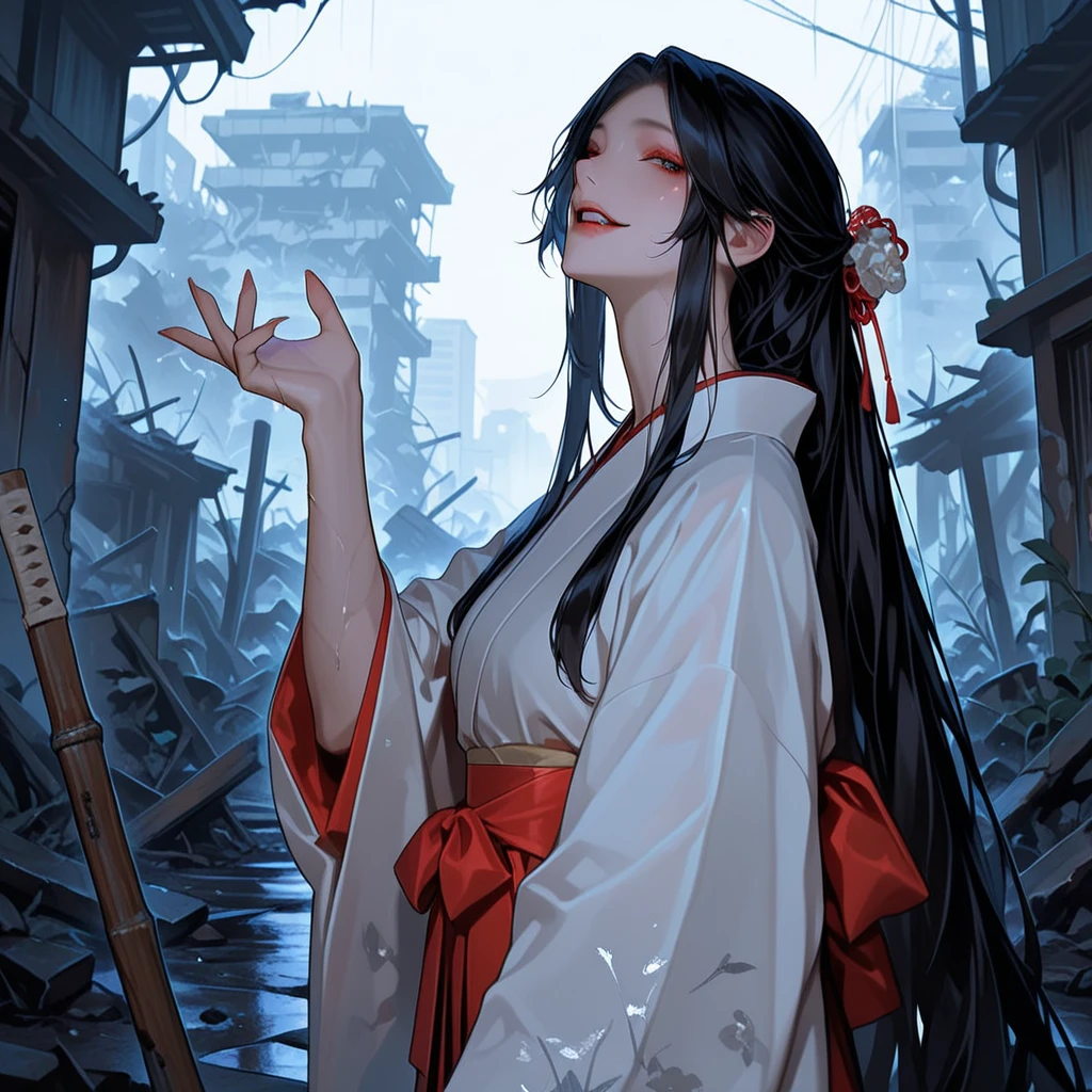 Kizi, ((Green eyes)), ((Long black hair),white dresses，white gauze, Young woman,Head down，His face turned pale，The expression is grim，terroral，Full body like，Faraway view，bleeding from the corners of her mouth，Orbital hemorrhage，kneels on the ground，Accept trial(Background with：Inside a huge palace in ancient China，Stealth horror)